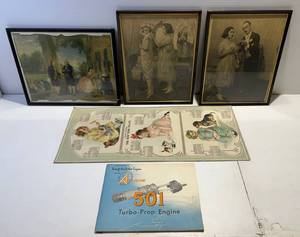 lot 117 image: Vintage Framed & Paper Items Including 1912 New York Tea Co. Calendar, Allison 501 Turbo-Prop Engine Book & More