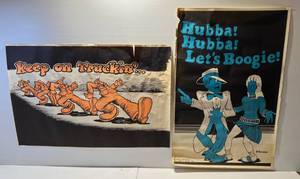 lot 144 image: Two 1970s Blacklight Posters 23 x 35 1 Keep On Truckin Robert Crumb (HAS WATER STAIN) 1 Hubba Hubba Lets Boogie By Schiavone