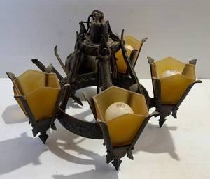 lot 161 image: Antique Medieval Style Cast Metal Chandelier With Amber Frosted Glass Shades (Very Cool Piece) One Light Needs Fixing