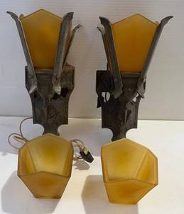 lot 163 image: Antique Medieval Style Cast Metal Wall Lights With Amber Frosted Glass Shades (Very Cool Pieces) 1 Needs Wiring
