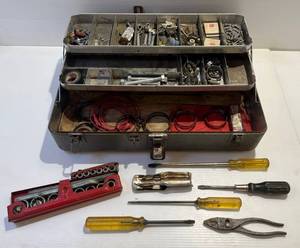 lot 181 image: Vintage Metal Tackle Box Filled With Misc. Tools And More