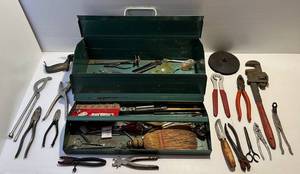 lot 208 image: Vintage Metal Tool Box With Vintage Misc. Tools