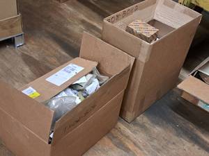 Lot of (2 Boxes) Misc. Parts - Motor Cover, Battery Cables, Sheaves, Switches, Tie-Rods, Handle and Latch Assemblies, Springs and much more