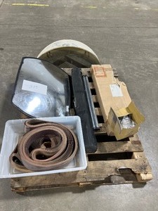 lot 315 image: PALLET W CLOSET RODS, BANNER STANDS, SANDING BELTS, 2 CONVEX MIRRORS