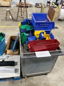 lot 314 image: RUBBER MAID CART, PLASTIC TOTES, 2 UNDERDESK KEYBOARD DRAWERS, 2 BANNER STANDS, STEAMER, PORTABLE FAN