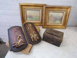 lot 7 image: MCM Wall Plaques Fantastic Gold Framed Artwork and a Vintage Ballot Box and Original Skeleton Key
