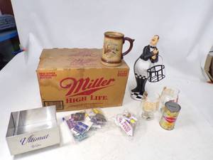 lot 58 image: Lot of Bar Items including Vintage Miller Light Beer Case, MN Gophers Glasses, Grainbelt can and More