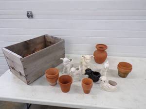 lot 85 image: Lot of Terra Cotta Pots and Vintage Lamb Planters Wooden Crate Included