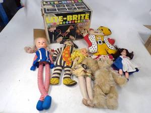 lot 87 image: Vintage Working Lite-Brite with Vintage Stuffed Dolls