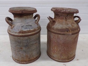 lot 89 image: 2 Vintage Milk Cans 8 Gallon Embossed with Goodrich ND Great for Decoration