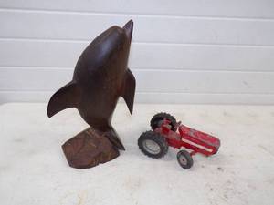 lot 97 image: Wood Dolphin and Vintage Toy Tractor