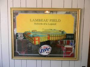 lot 1 image: VERY, VERY, RARE - LAMBEAU FIELD REBIRTH OF A LEGEND MILLER LITE MIRROR - RARE FANTASTIC PIECE - VERY NICE - APPROX 52 x 40 - SEE PICTURES