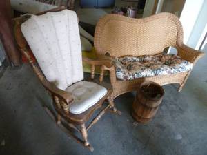 Wicker Patio Love Seat & Oak Rocker