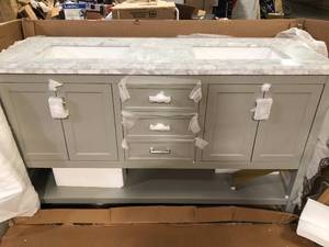 Home Decorators Collection Everett 61 in. W x 22 in. Vanity Cabinet in Grey with Carrara Marble Vanity Top in White with White Basins Customer Returns See Pictures