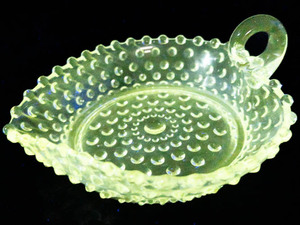 lot 67 image: Duncan & Miller Hobnail Clear, Handled Heart Bon-Bon Pattern Glass.