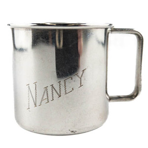 lot 88 image: 1881 Rogers, Baby Cup Hand Engraved Nancy Silverplate Hollowware.