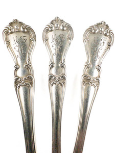 lot 139 image: STERLING SILVER - Gorham, Buckingham (1910) 3 Soup Spoons - Hand Engraved MFH