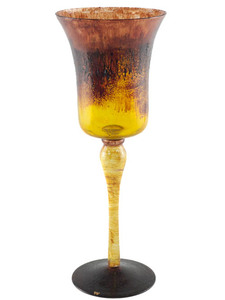 lot 142 image: Beautiful, Hand Painted (Signed W) Amber Tall Stemmed Votive Holder , 11 14in.