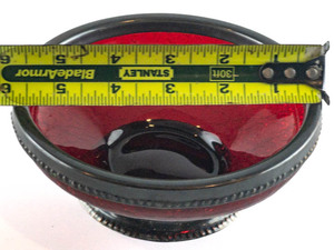 lot 162 image: Ruby Red Crackled Glass Bowl with Metal Rim and Pedestal, 5 34in Pattern Glass.