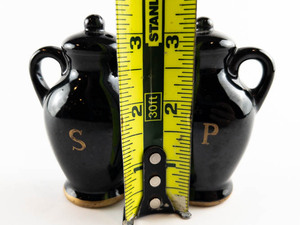 lot 181 image: Black Glazed Redware Tea and Coffee Pot Salt & Pepper Shakers, 3in Redware.