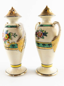 lot 182 image: (Noritake) Floral Decorated Green and Gold Trim, Salt and Pepper Shakers, 4 12in ChinaPorcelain. Gold has worn in parts.