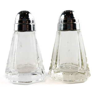 lot 184 image: Vintage Retro style Paneled Tapered Design, Salt and Pepper Shaker with Chrome plated Tops. 3in Glass Serve ware.