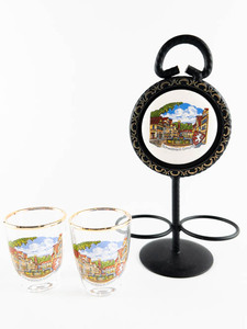 lot 190 image: Souvenir Shot Glass Stand with two Shot Glasses. Marked with Pictorial Motif of Schwbisch Gmnd.