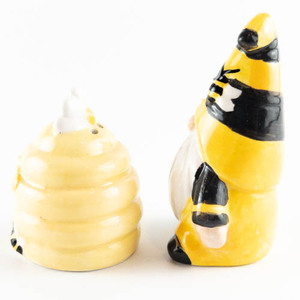lot 195 image: Transpac Ceramic Bee Gnome and Beehive Salt Pepper Shakers, 4 Inch, yellow, black, white ChinaPorcelain.