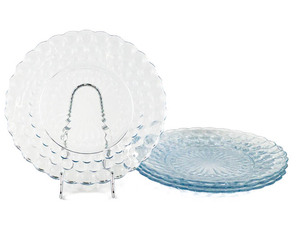 lot 216 image: Anchor Hocking Set of four 9 12in Bubble Blue Dinner Plates Depression Glass. The plates have some small chips on rim.