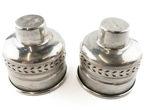 lot 226 image: STERLING SILVER - Pair of Hurricane Lamp, Base Inserts (Wheat Pattern Piercings). Good Condition.