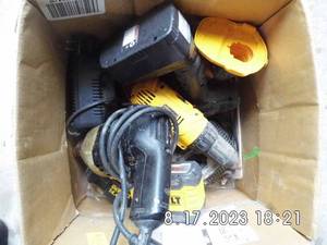 lot 42 image: Box of Assorted Dewalt 20v power tools, battery and charger along with other brand power tools