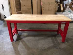 Husky 6 ft. Adjustable Height Solid Wood Top Workbench in Red for Ready to Assemble Steel Garage Storage System Customer Returns See Pictures