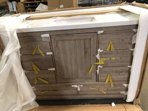 Glacier Bay Kendall 48 in. W x 20 in. D Bath Vanity in Distressed Oak with Engineered Stone Vanity Top in White with White Basin Customer Returns See Pictures