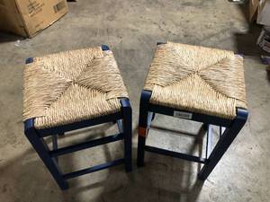 Home Decorators Collection Dorsey Midnight Blue Backless Wood Counter Stool with Woven Rush Seat   Customer Returns See Pictures
