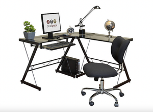 lot 9 image: NEW Comfort Products Ultramodern Glass L-Shape Desk - Black with Clear Glass