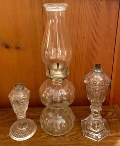 lot 67 image: Variety of Vintage Oil Lamps and Shades including New England Whale Oil Lamps