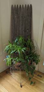 lot 100 image: Vintage Tiered Metal Plant Stand and Wood Hog Fence