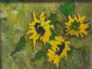 lot 28 image: Vibrant Sunflower Still Life Oil on Canvas by Virginia Keegan