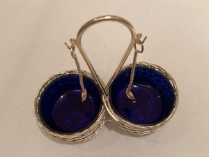 lot 168 image: Vintage Double Salt Cellar with Cobalt Glass Liners and Spoons