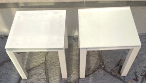 lot 229 image: Two White Glass Top Tables