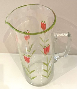 lot 239 image: Tulip Themed Hand Painted Glass Pitcher