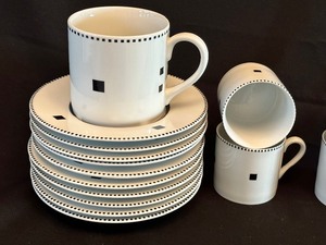 lot 296 image: 10 Tuxedo Saucer Plates, Coffee Cup and Demitasse Cups by Swid Powell