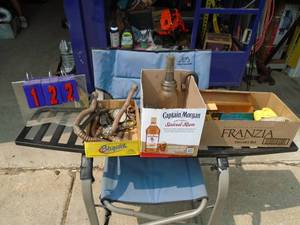 Qty of 3 boxes of misc including vintage oil bottle & spout. As shown.