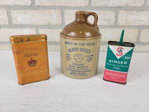Vintage SINGER Oil Can, Wellington Tobacco Tin and Small Stoneware Jug