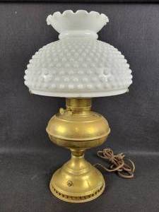 lot 247 image: Antique Brass Oil Lamp Converted to Electric with Milk Glass Shade
