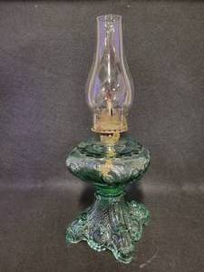 lot 250 image: Antique Scovill Mfg. Co. Translucent Green Oil Lamp
