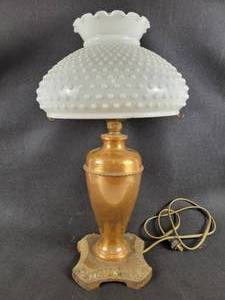 lot 249 image: Antique Copper Electric Lamp with Cast Iron Base and Milk Glass Shade
