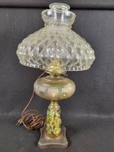 lot 252 image: Antique Glass Oil Lamp Converted to Electric with Clear Glass Shade