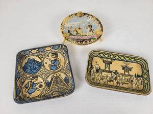 lot 280 image: Vintage Brass Asian Ash Tray and (2) Vintage Asian Wall Hangings