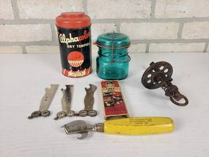 lot 306 image: Vintage Blue Ball Pint Jar, 10n1 Chef Tools, Manitowoc WI Can Opener and More